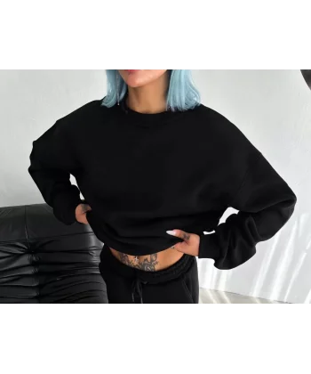 Kışlık Bisiklet Yaka Üç İplik Basic SweatShirt - Siyah