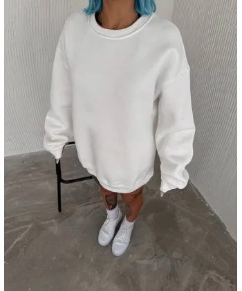 Kışlık Bisiklet Yaka Üç İplik Basic weathirt  Beyaz