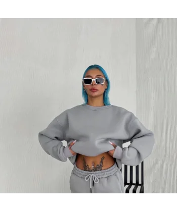 Kışlık Bisiklet Yaka Üç İplik Basic weathirt  Gri