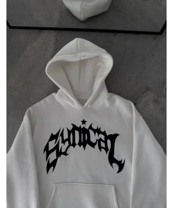 Kışlık Kapşonlu Baskılı Oversize SweatShirt- Beyaz