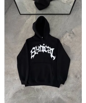 Kışlık Kapşonlu Baskılı Oversize SweatShirt- Siyah