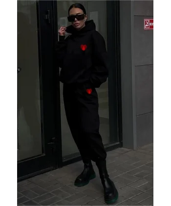 Kışlık Kapşonlu Üç İplik Baskılı Eşofman Takım  iyah