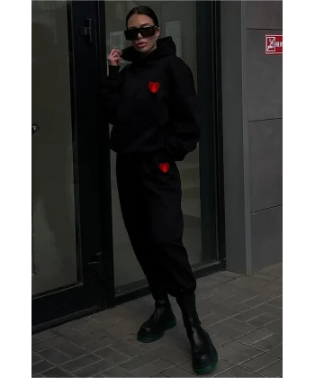 Kışlık Kapüşonlu Üç İplik Baskılı Eşofman Takım - Siyah