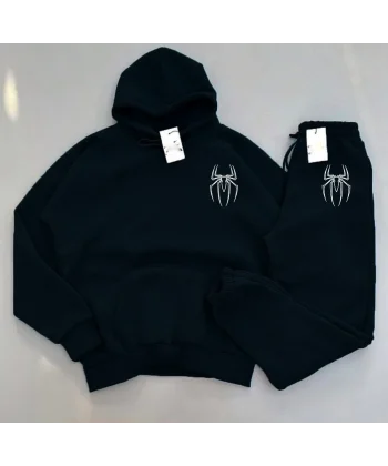 Kışlık Kapüşonlu Üç İplik Baskılı Eşofman Takım - Siyah