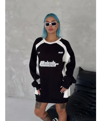 Kışlık Nakış İşlemeli Bisiklet Yaka Parçalı SweatShirt - Siyah