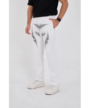 Kışlık Üç İplik Baskılı Eşofman Pantolon - Beyaz