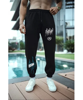 Kışlık Üç İplik Baskılı Eşofman Pantolon  iyah