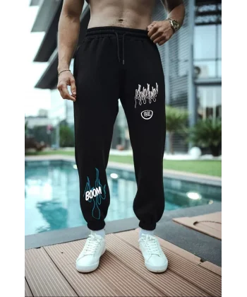 Kışlık Üç İplik Baskılı Eşofman Pantolon - Siyah