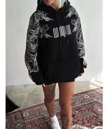 Kışlık Üç İplik Baskılı Kapşonlu SweatShirt - Siyah