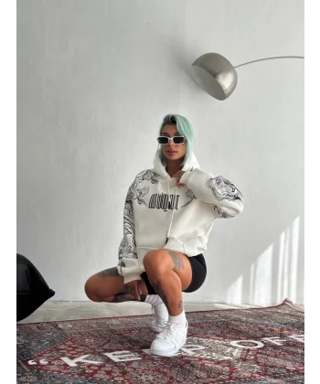 Kışlık Üç İplik Baskılı Kapşonlu weathirt  Beyaz