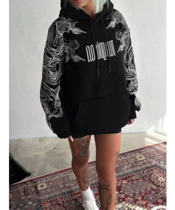 Kışlık Üç İplik Baskılı Kapşonlu weathirt  iyah