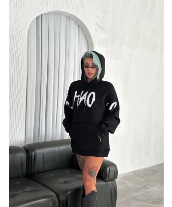 Kışlık Üç İplik Kapşonlu Baskılı SweatShirt - Siyah