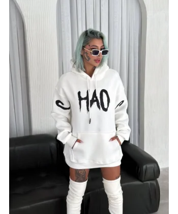 Kışlık Üç İplik Kapşonlu Baskılı weathirt  Beyaz