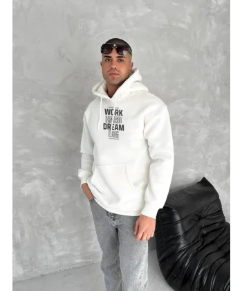 Kışlık Üç İplik Kapşonlu SweatShirt - Beyaz
