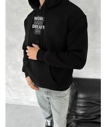 Kışlık Üç İplik Kapşonlu SweatShirt - Siyah