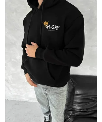 Kışlık Üç İplik Kapşonlu SweatShirt - Siyah