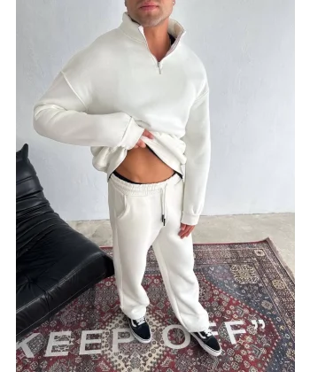 Kışlık Yarım Fermuarlı Üç İplik Eşofman Takım - Beyaz