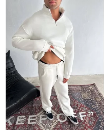 Kışlık Yarım Fermuarlı Üç İplik Eşofman Takım - Beyaz