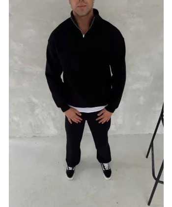 Kışlık Yarım Fermuarlı Üç İplik Eşofman Takım - Siyah