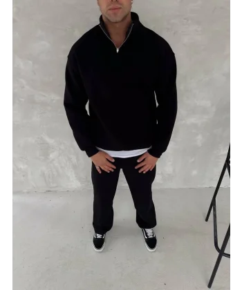 Kışlık Yarım Fermuarlı Üç İplik Eşofman Takım - Siyah
