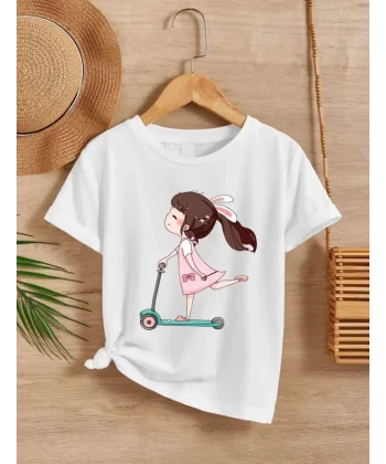 Kız Çocuk Bisiklet Yaka Baskılı T-Shirt - Beyaz