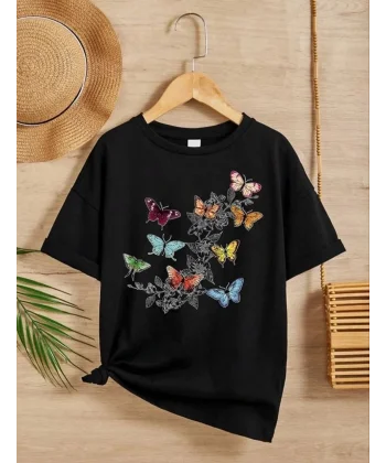 Kız Çocuk Bisiklet Yaka Baskılı T-Shirt - Siyah