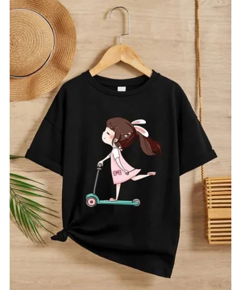 Kız Çocuk Bisiklet Yaka Baskılı T-Shirt - Siyah