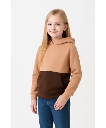 Kız Çocuk Kapüşonlu Kanguru Çepli Parçalı SweatShirt - Renkli