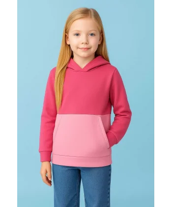 Kız Çocuk Kapüşonlu Kanguru Çepli Parçalı SweatShirt - Renkli
