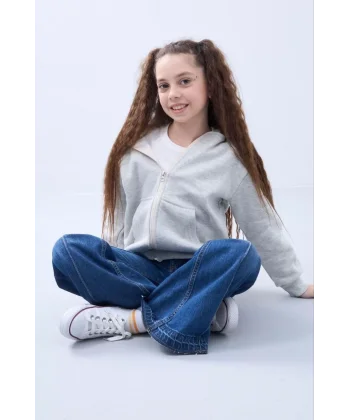 Kız Çocuk Kapüşonlu Kanguru Çepli Tam Fermuarlı Hırka SweatShirt - Gri