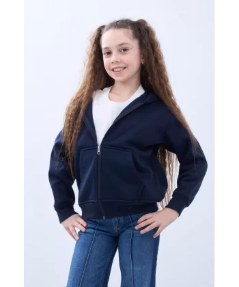 Kız Çocuk Kapüşonlu Kanguru Çepli Tam Fermuarlı Hırka SweatShirt - Lacivert