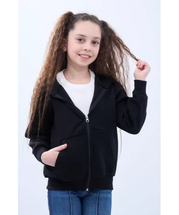 Kız Çocuk Kapüşonlu Kanguru Cepli Tam Fermuarlı Hırka Sweatshirt - Siyah