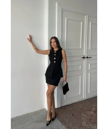 KLASİK GOLD DÜĞMELİ YELEK - KISA ETEK TAKIM - Siyah