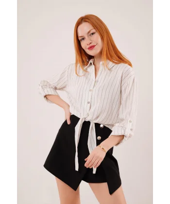 Kol Detaylı Bağlamalı Çizgili Beyaz Gömlek