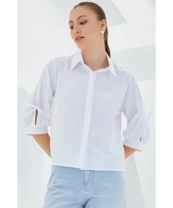 Kol Detaylı Beyaz Crop Gömlek 20246