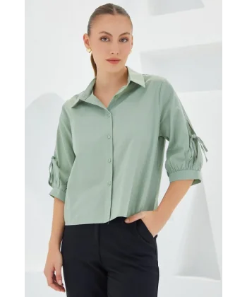 Kol Detaylı Çağla Yeşili Crop Gömlek 20246