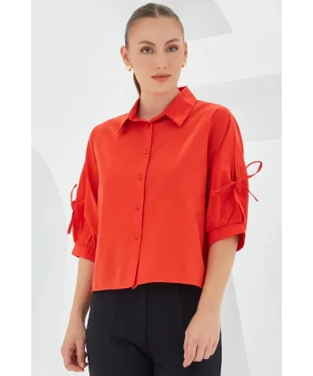 Kol Detaylı Kırmızı Crop Gömlek 20246
