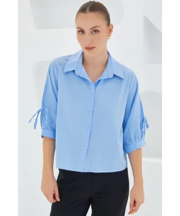 Kol Detaylı Mavi Crop Gömlek 20246