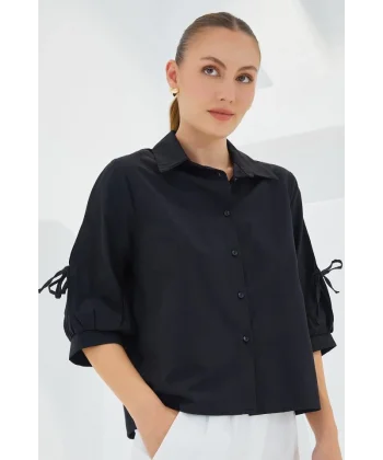 Kol Detaylı Siyah Crop Gömlek 20246