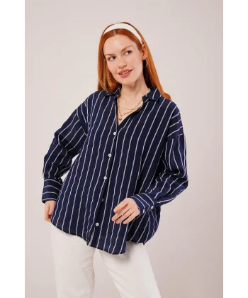 Kol Düğmeli Çizgili acivert Gömlek