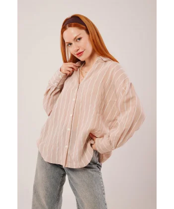 Kol Düğmeli Çizgili Bej Gömlek