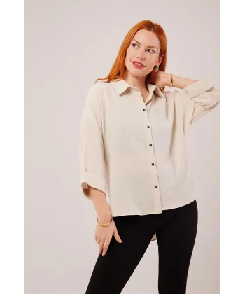 Kol Katlama Detaylı Bej Gömlek