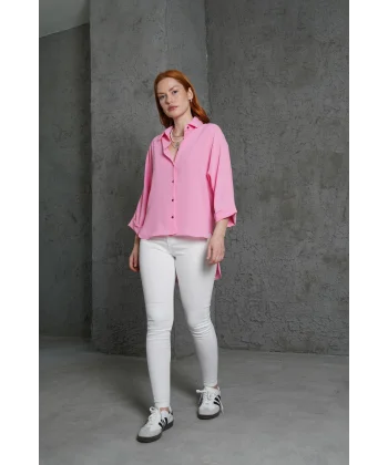 Kol Katlama Detaylı Pembe Gömlek
