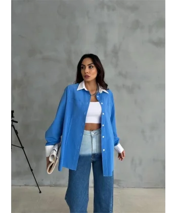 KOL VE MANŞET BEYAZ KAPALI PİLE DETAYLI GÖMLEK - Mavi