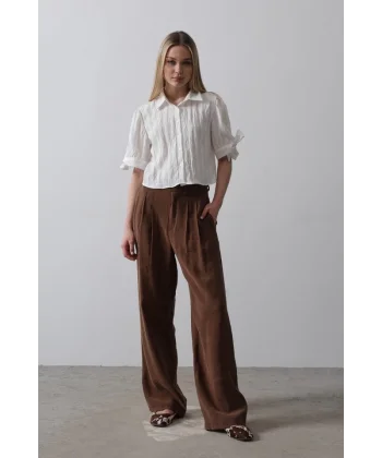 Kolları Bağlamalı Crop Gömlek - Ekru