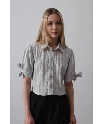 Kolları Bağlamalı Crop Gömlek - Gri