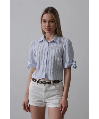 Kolları Bağlamalı Crop Gömlek - Mavi