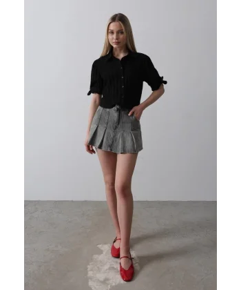 Kolları Bağlamalı Crop Gömlek - Siyah