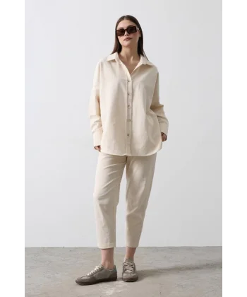 Kolları Pileli Uzun Gömlek  Natür