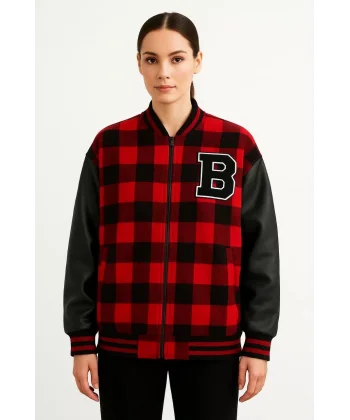 Kadın Kolej Ceket – Kareli Oduncu Kumaş, Kolları Suni Deri, Fermuarlı, İçi Kapitone Astarlı, Nakışlı Oversize Bahar & Kış Stil - Bordo